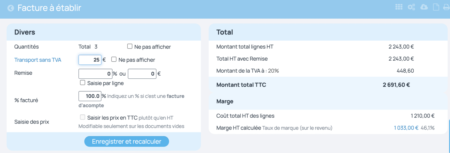 Frais de port sans TVA sur facture