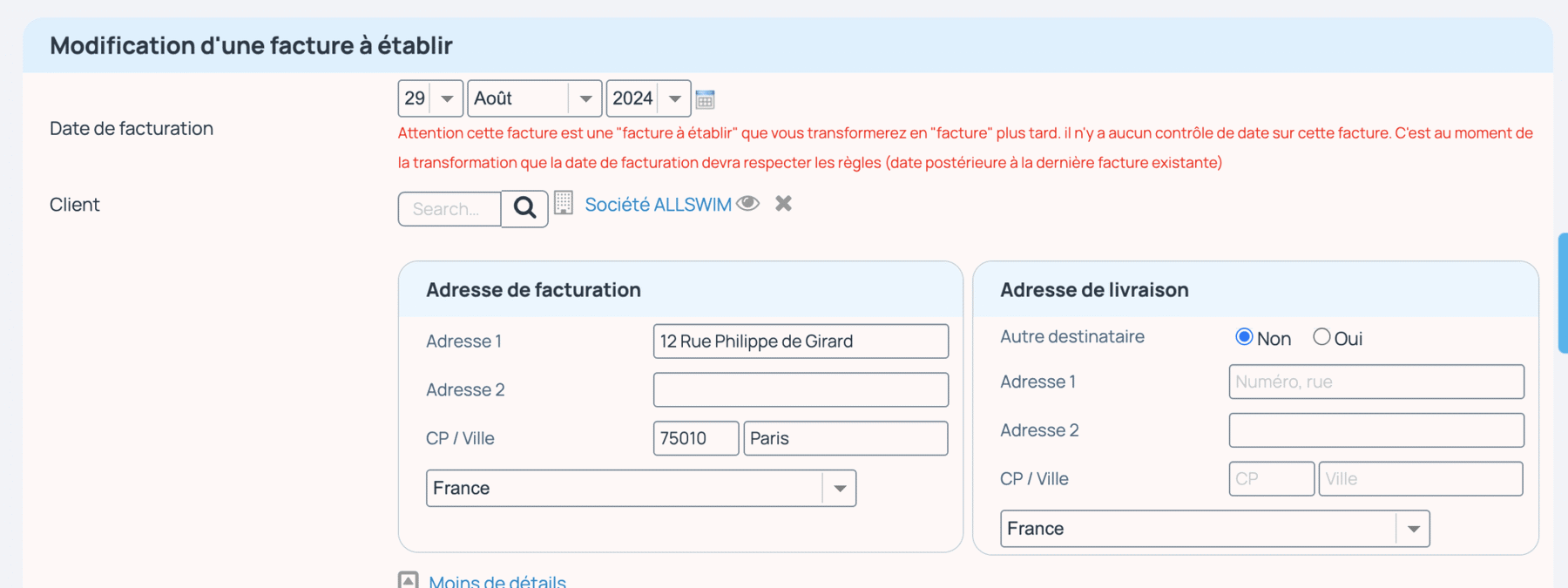 Modifier la date d'une facture