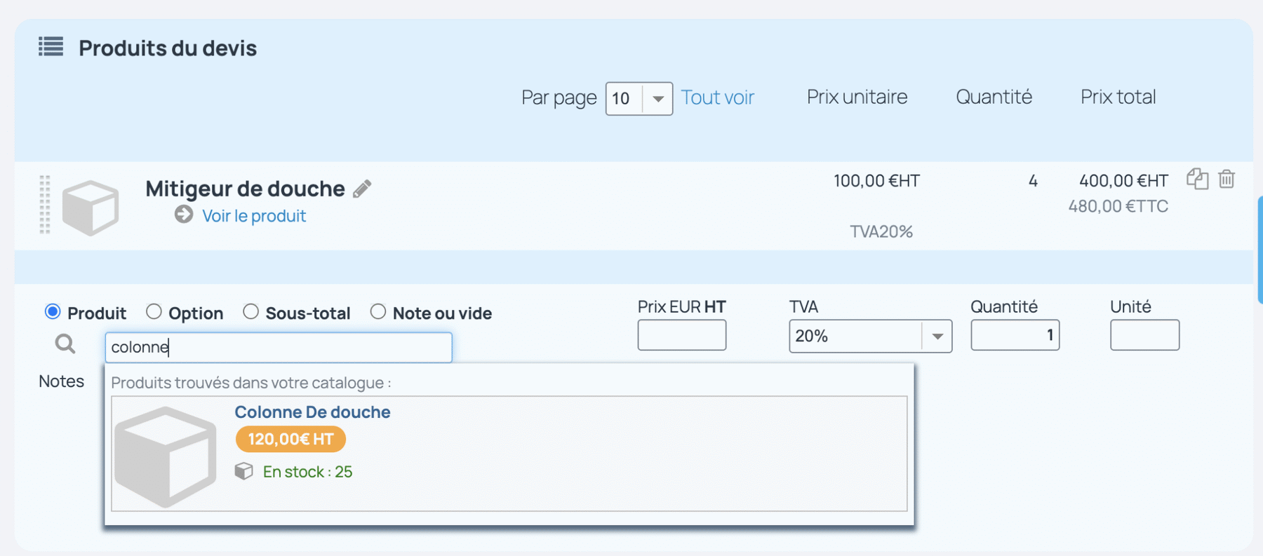 Ajouter produit sur devis