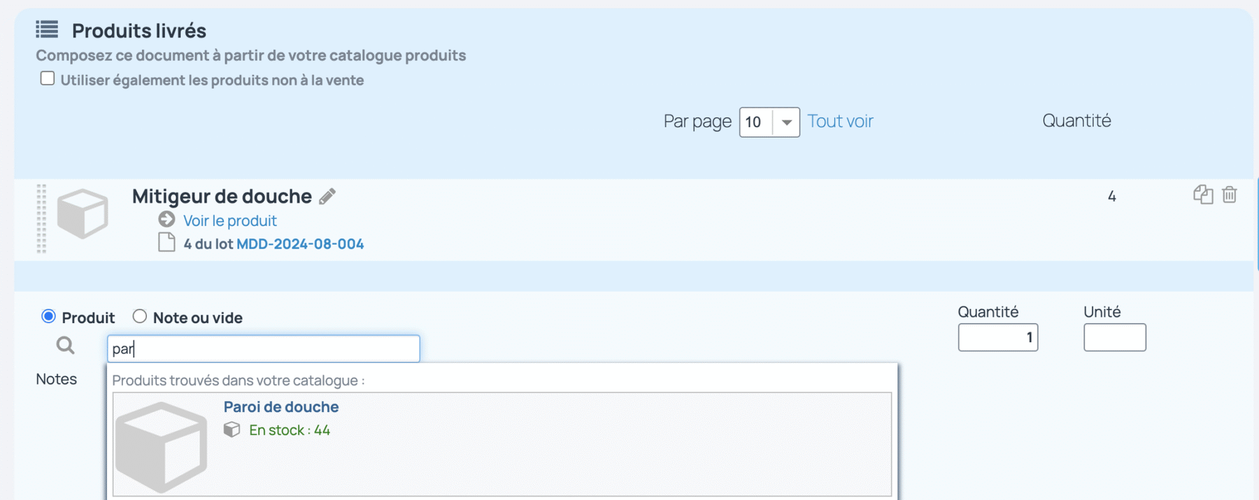 Bon Livraison : ajouter les produits