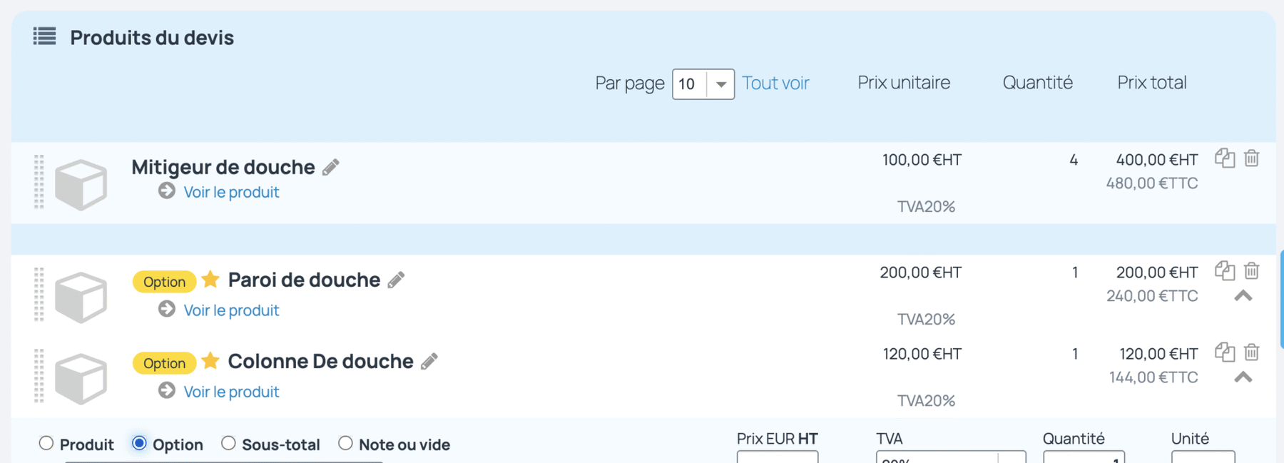 Ajouter une option sur un devis