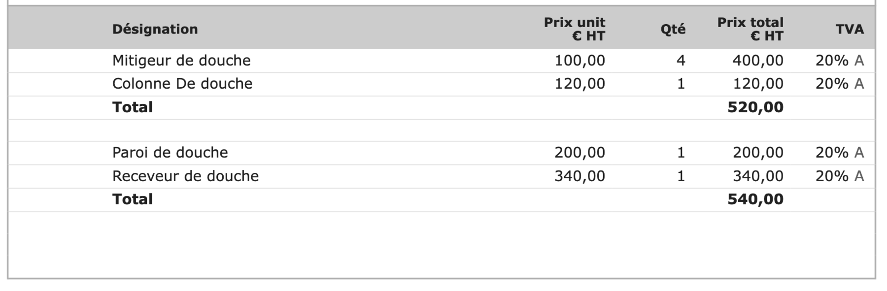 Sous-total sur PDF devis