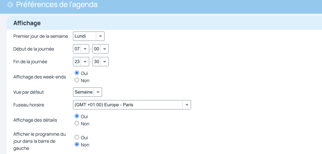 Configurer l'agenda incwo