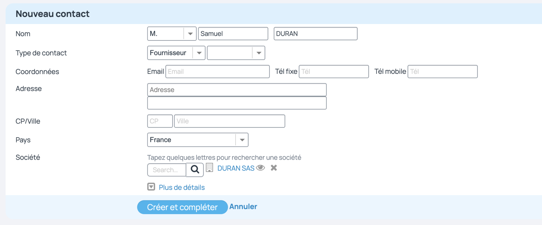 Ajout d'un contact fournisseur