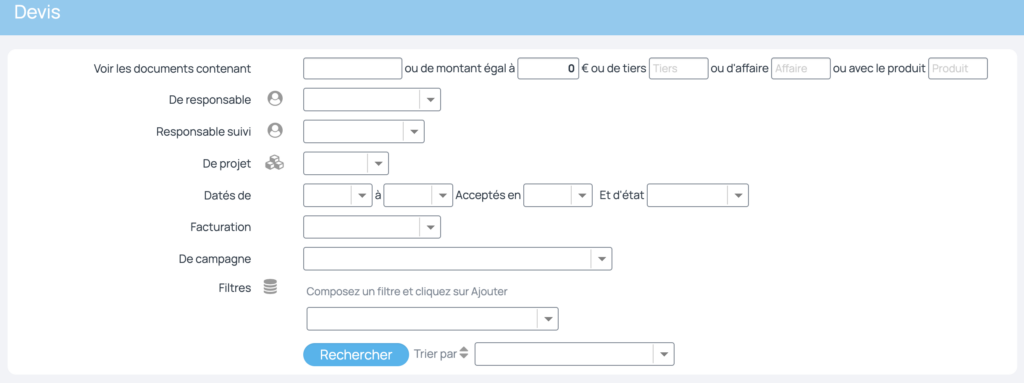 Critères pour rechercher un devis