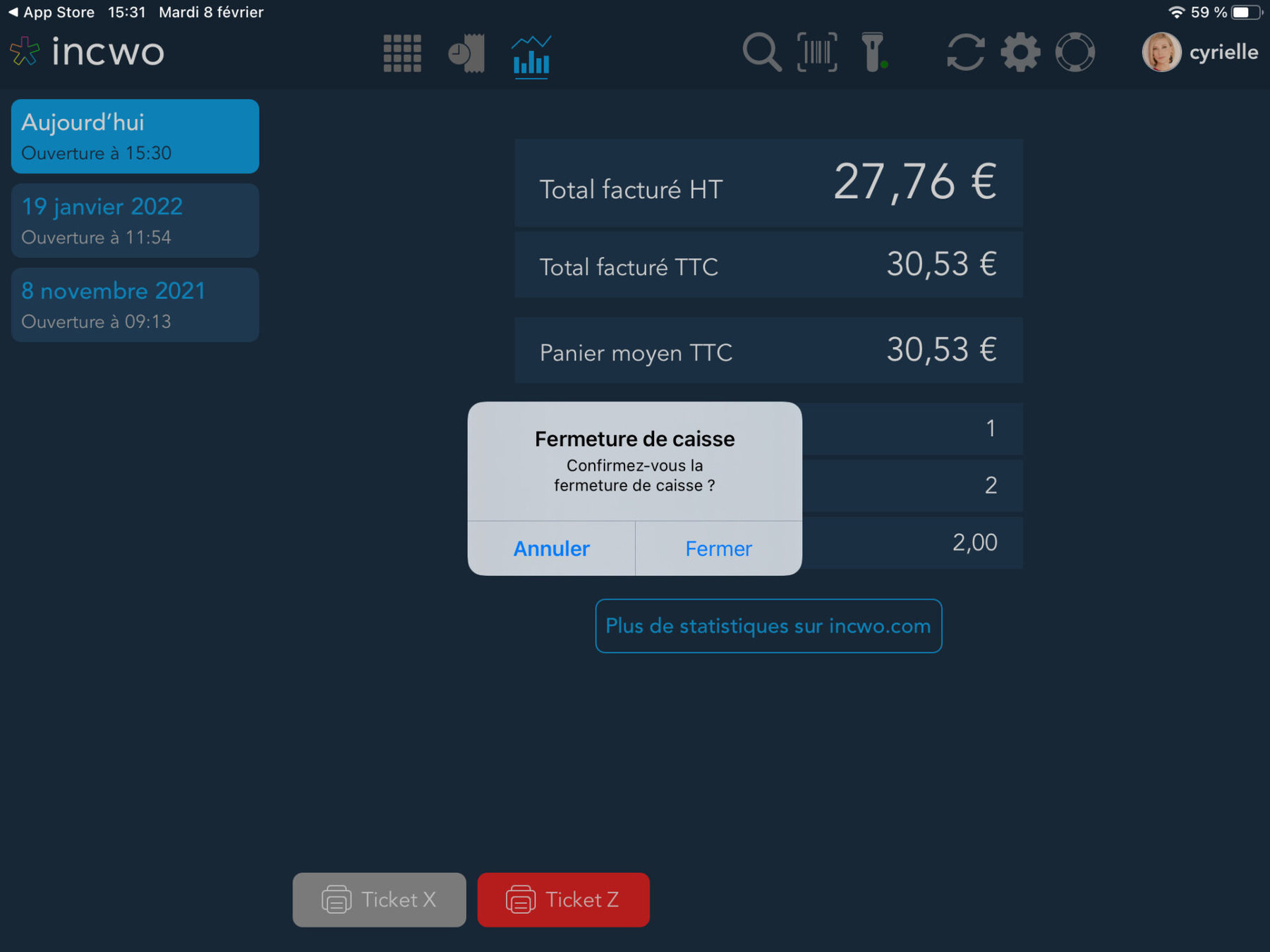 En éditant le ticket Z, la caisse sera fermée après confirmation