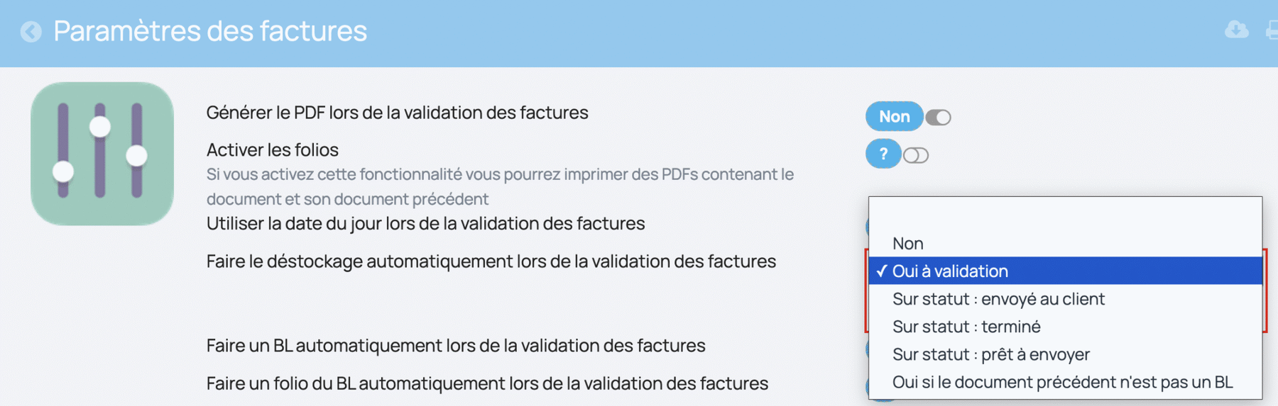 la sortie de stock peut être automatique en fonction du réglage réalisé sur les paramètres des factures
