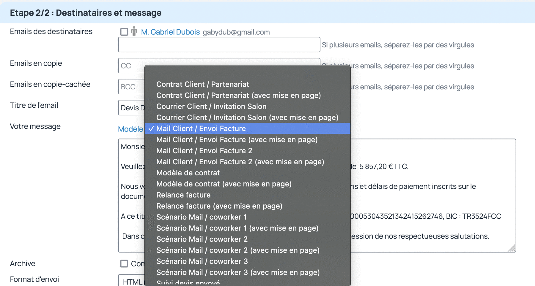 dans la liste, il faut choisir le modèle à utiliser puis le modifier si besoin pour envoyer le message