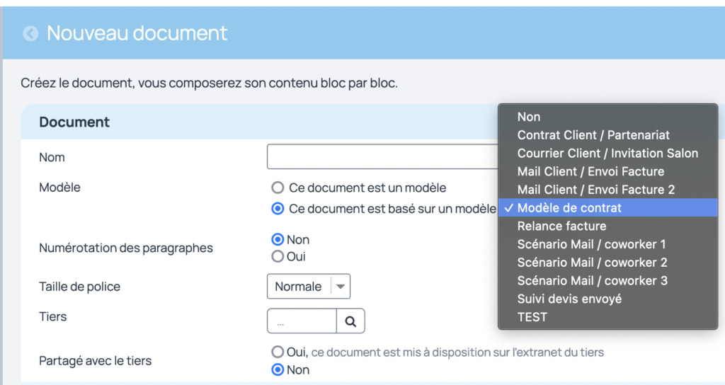 En cliquant sur "+document", il faut choisir le modèle sur lequel est basé le document