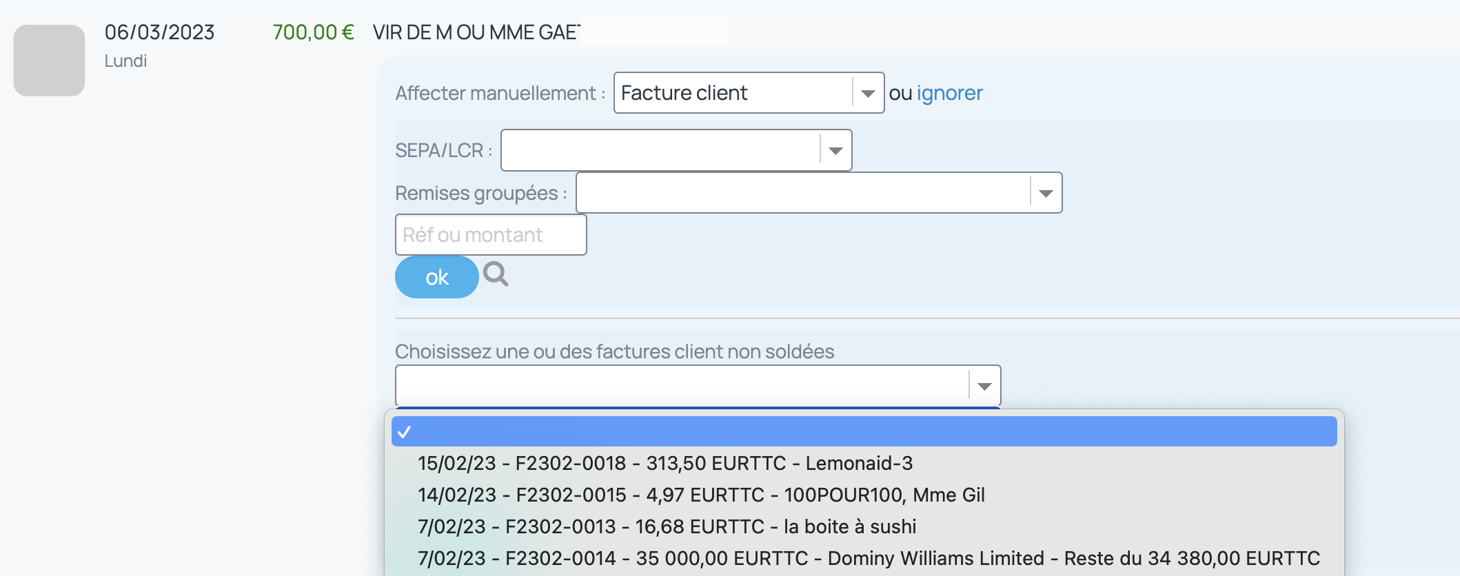 grâce au menu déroulant, sélection des factures correspondant au règlement de la ligne de crédit