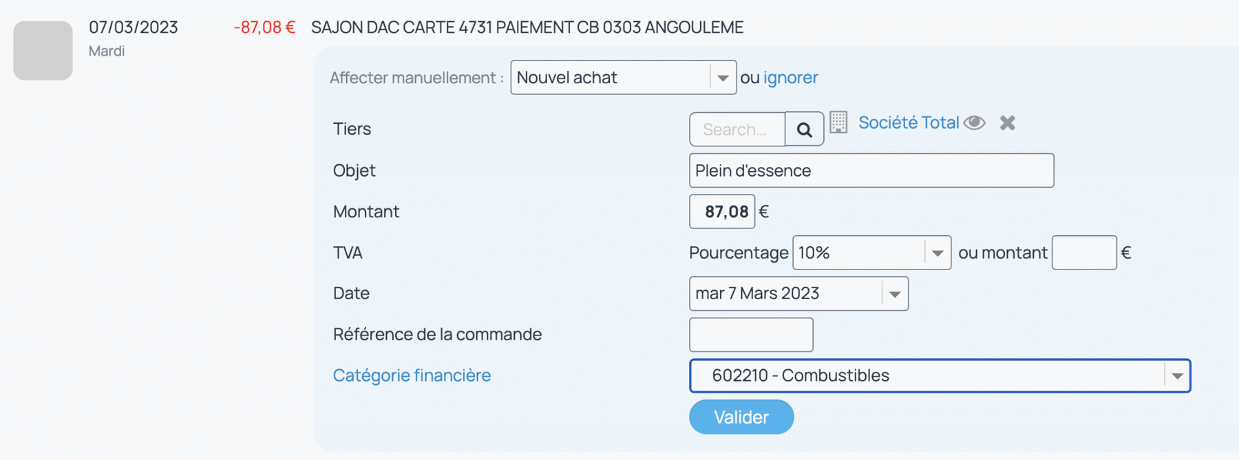 incwo permet d'ajouter un nouvel achat depuis le rapprochement bancaire en sélectionnant un nouvel achat dans le type d'objet à affecter