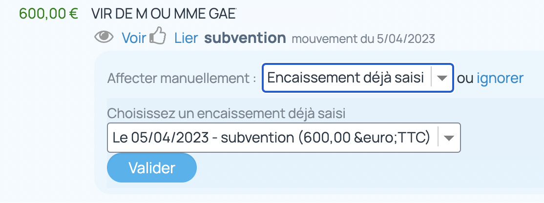 La ligne de relevés est liée à un encaissement déjà créé dans incwo