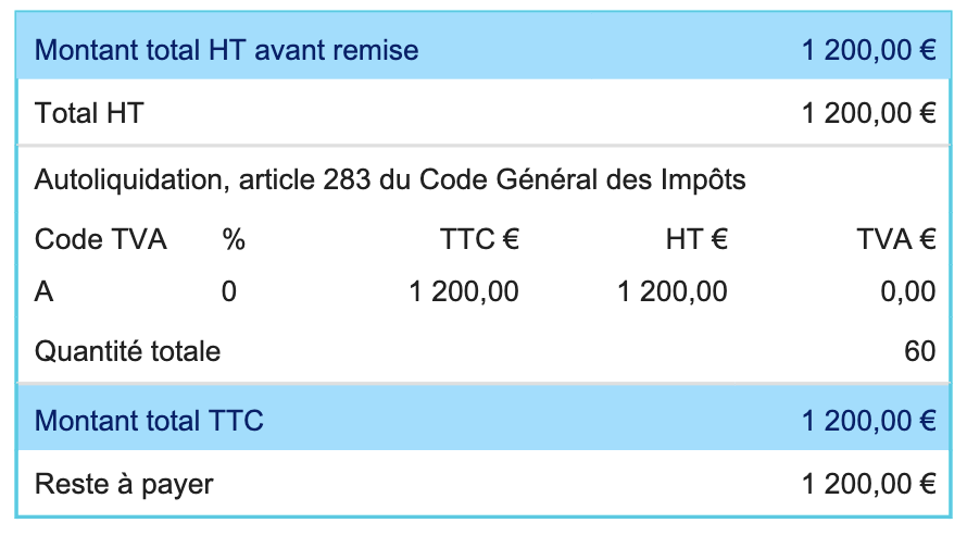 La TVA et la mention réglée s'applique par défaut pour tous les objets émis ensuite pour le tiers. Dans le bloc total du PDF de la facture émise, la TVA et la mention s'affiche correctement