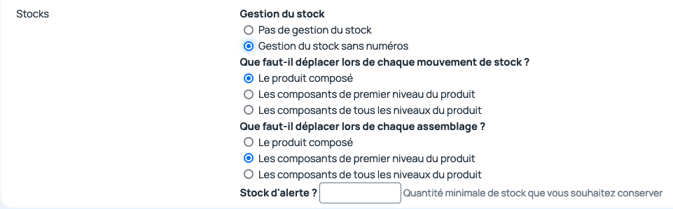 Les produits composés peuvent être gérés en stock de 2 façons : - soit on gère le stock sur les composantes - soit on gère le stock sur le produit composé et dans ce cas, l'assemblage est nécessaire.