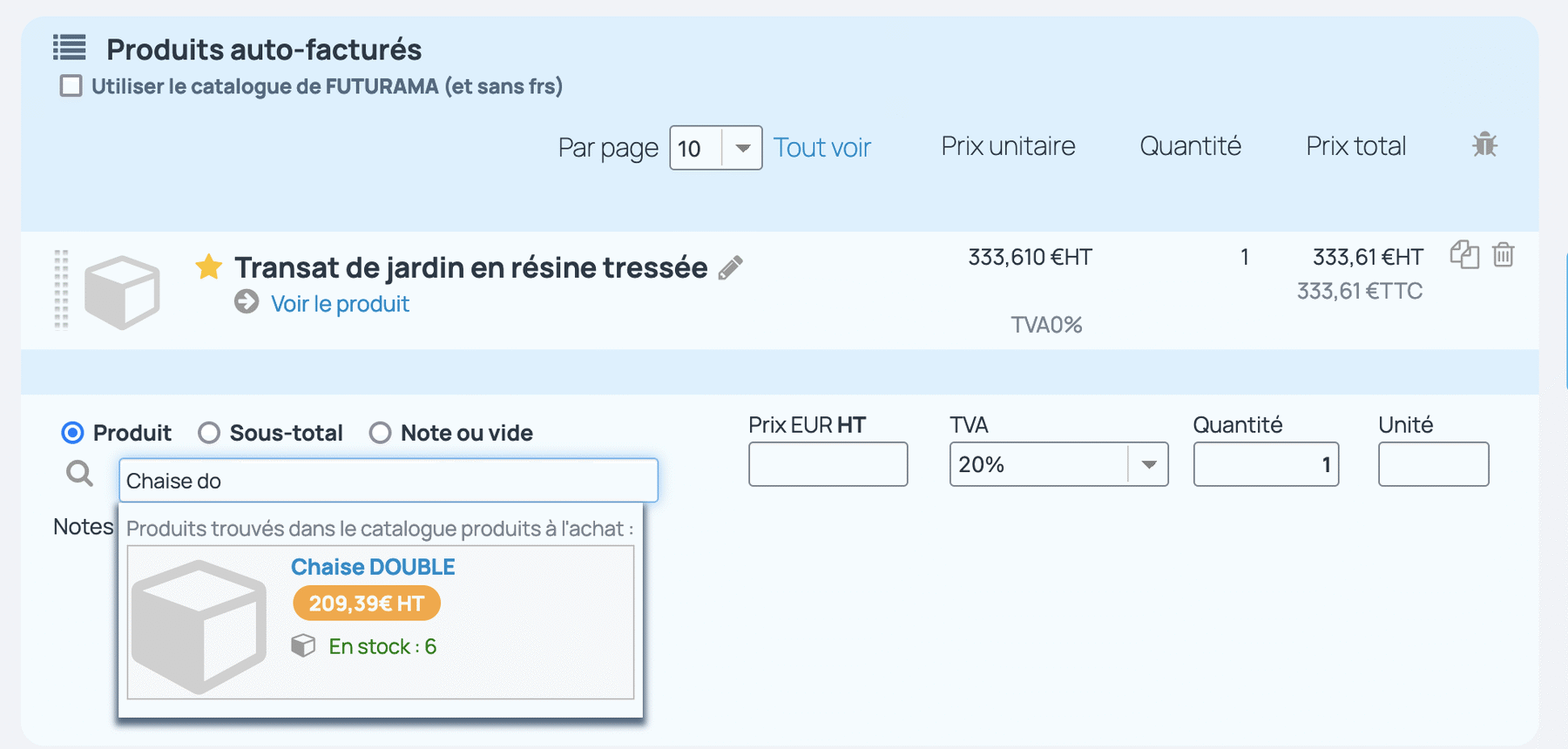 Ajout d'article sur auto-facture