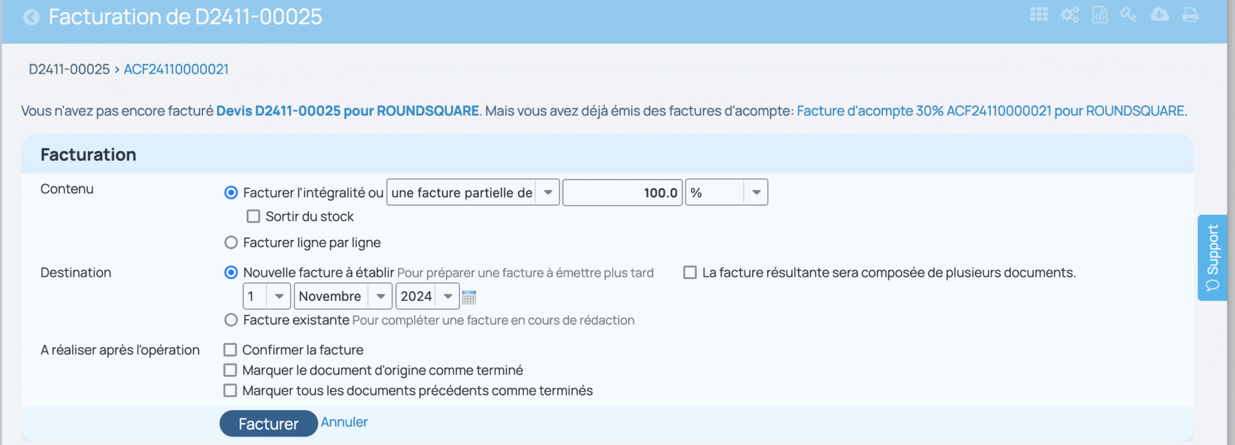 Report de l'acompte sur facture définitive