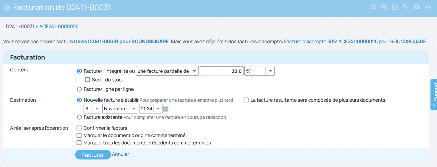 Facturer la valeur de l'acompte