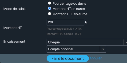 saisie directe des montants sur les factures d'acompte