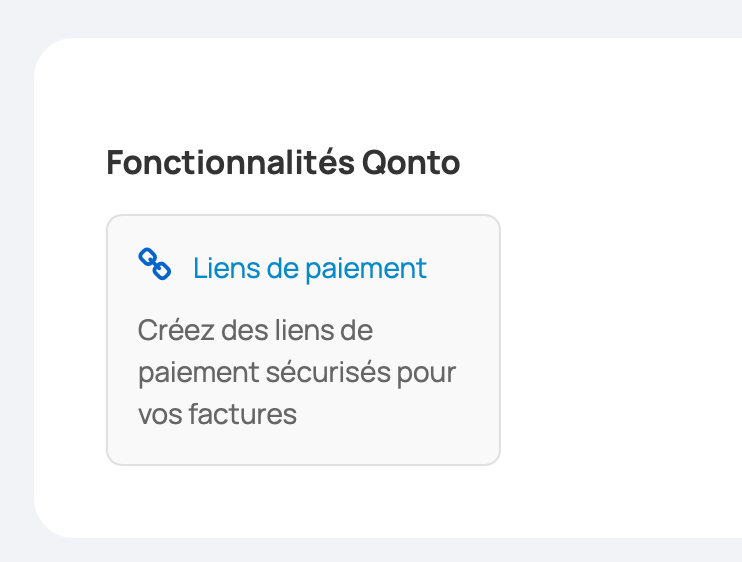 Au niveau du compte Pro Qonto, sous les comptes importées se trouvent le paramétrage des liens de paiement