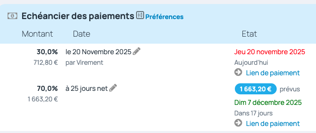 Les échéanciers de paiement sur les factures permettent de régler un lien de paiement en fonction d'un montant et d'une date prévue.